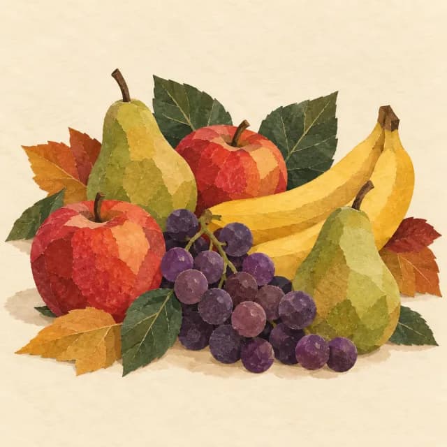 Gezeichnetes Stillleben aus Apfel, Weintrauben, Johannisbeeren und Blättern, ohne Füllhorn.