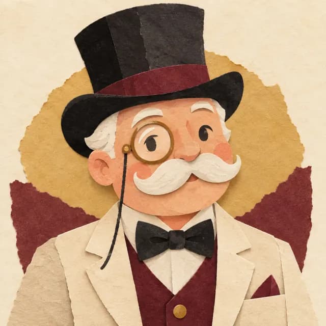 Gezeichneter Monopoly-Mann mit Zylinder, Schnauzer und einem Monokel im rechten Auge.