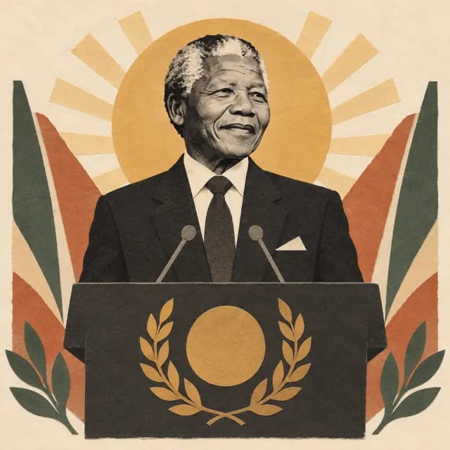 Gezeichnetes Rednerpult mit südafrikanischer Flagge, für Nelson Mandela als früheren Präsidenten.