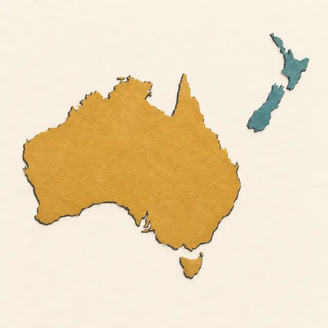 Gezeichnete Karte, auf der Neuseeland nordöstlich von Australien liegt.
