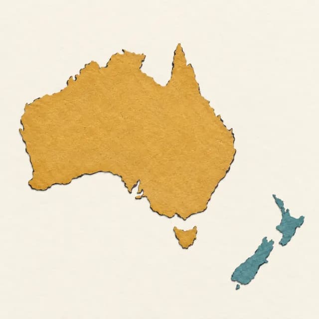 Gezeichnete Karte, auf der Neuseeland südöstlich von Australien liegt.
