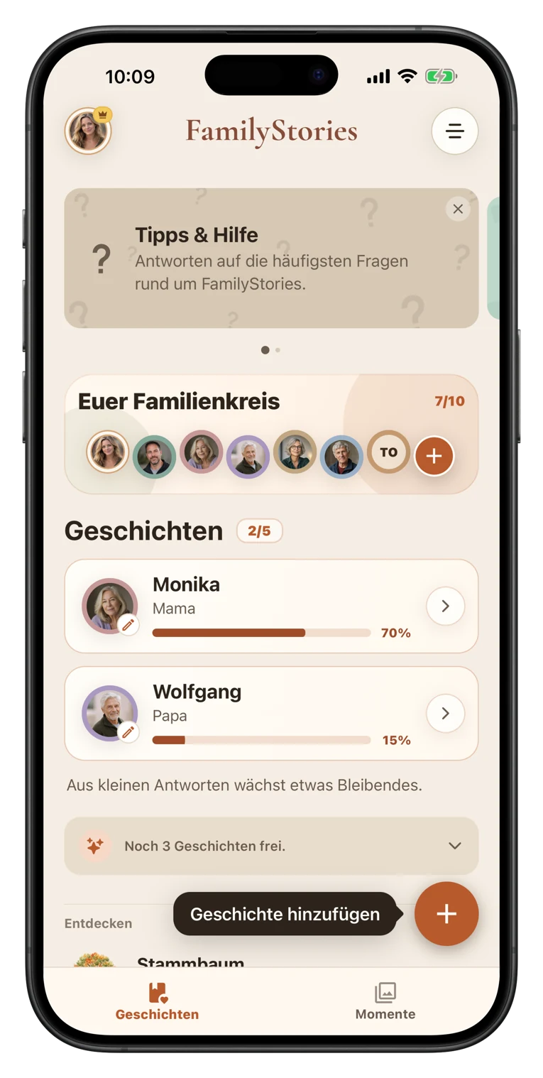 App-Bildschirm mit einer Lebensfrage und Denkhilfe