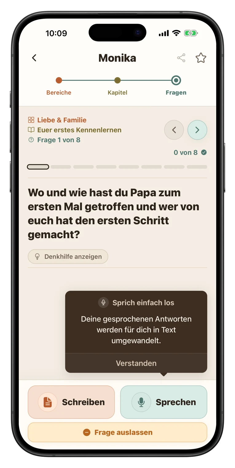 App-Bildschirm zum Antworten per Text oder Stimme
