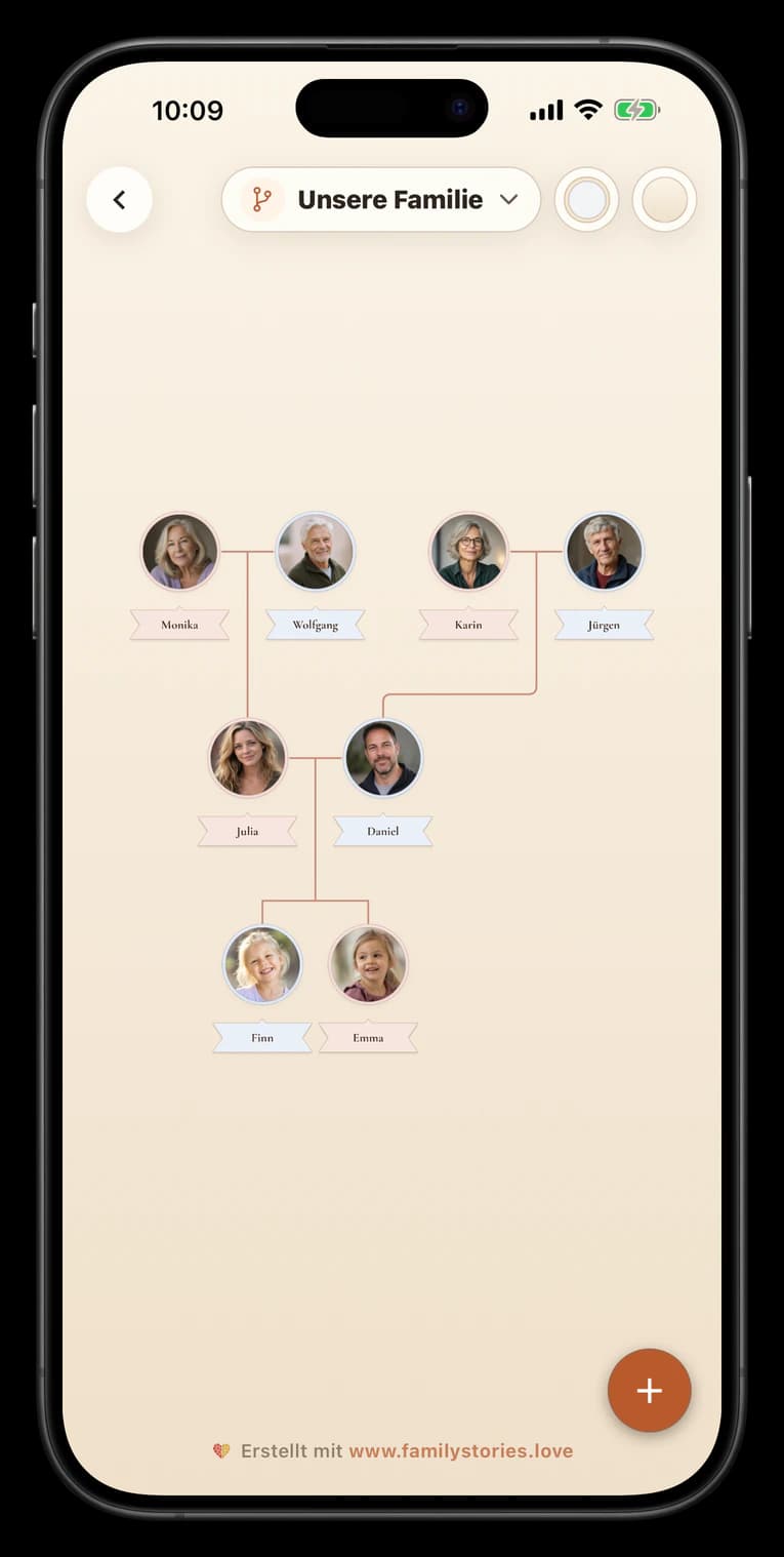 App-Bildschirm mit einer fertigen Familiengeschichte zum Export