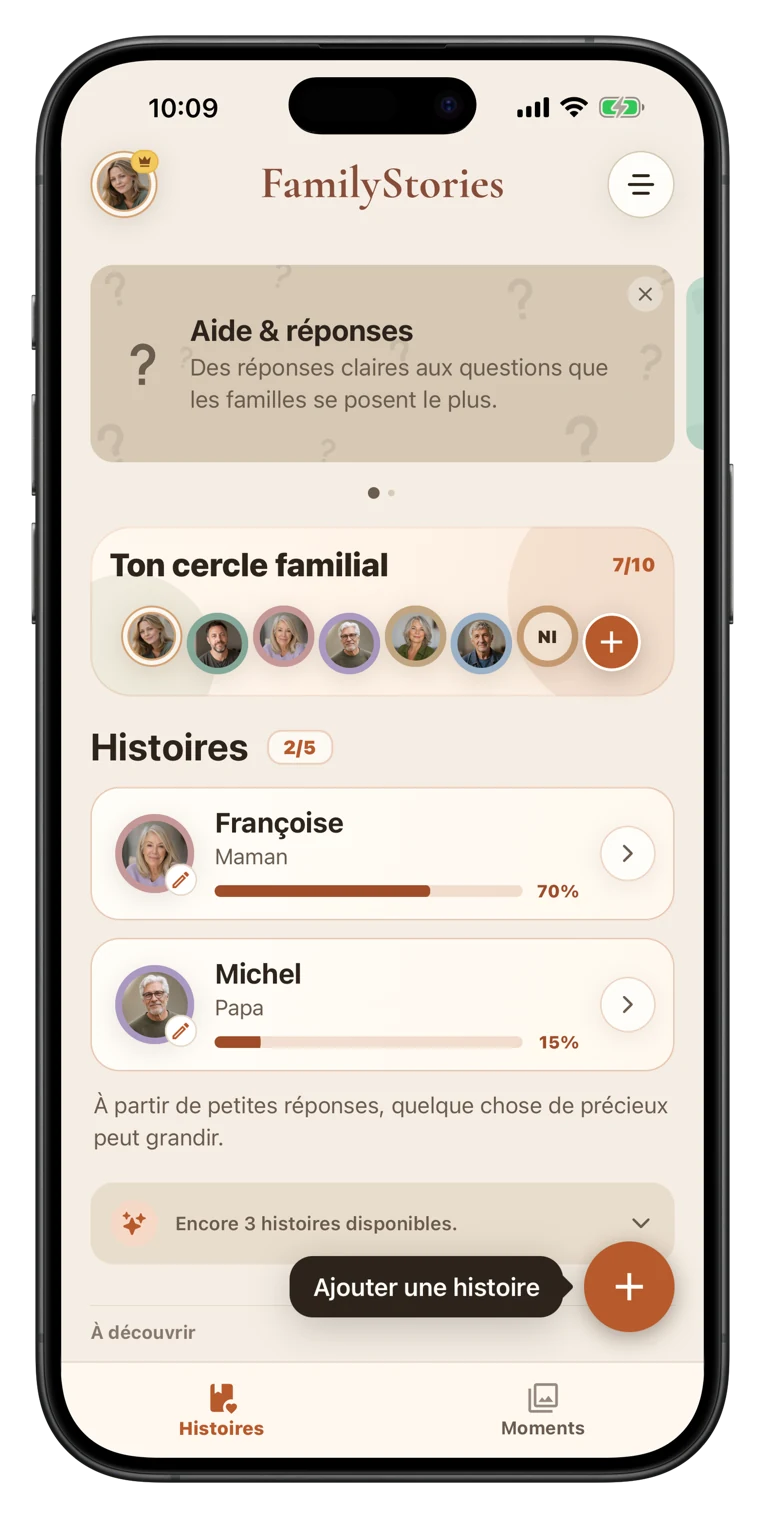 Écran de l'app avec une question de vie et des pistes de mémoire