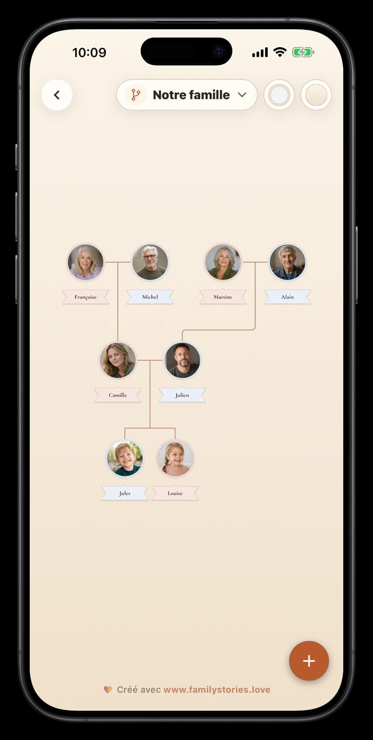 Écran de l'app montrant une histoire familiale prête à exporter
