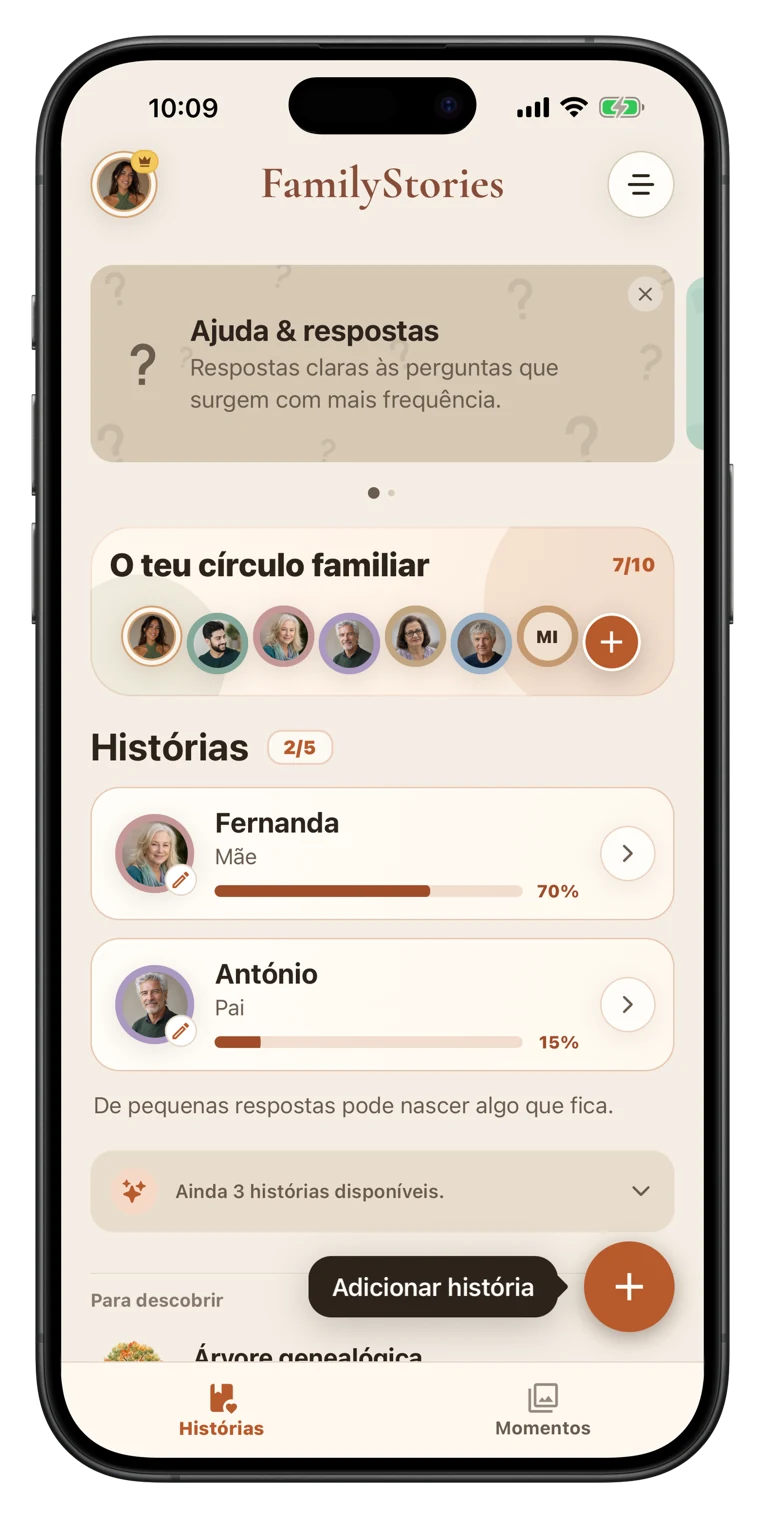 Ecrã da app com uma pergunta de vida e ajudas de memória