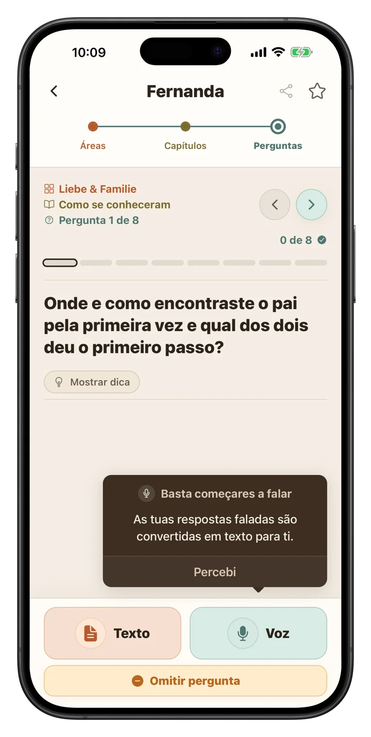 Ecrã da app para responder por texto ou voz