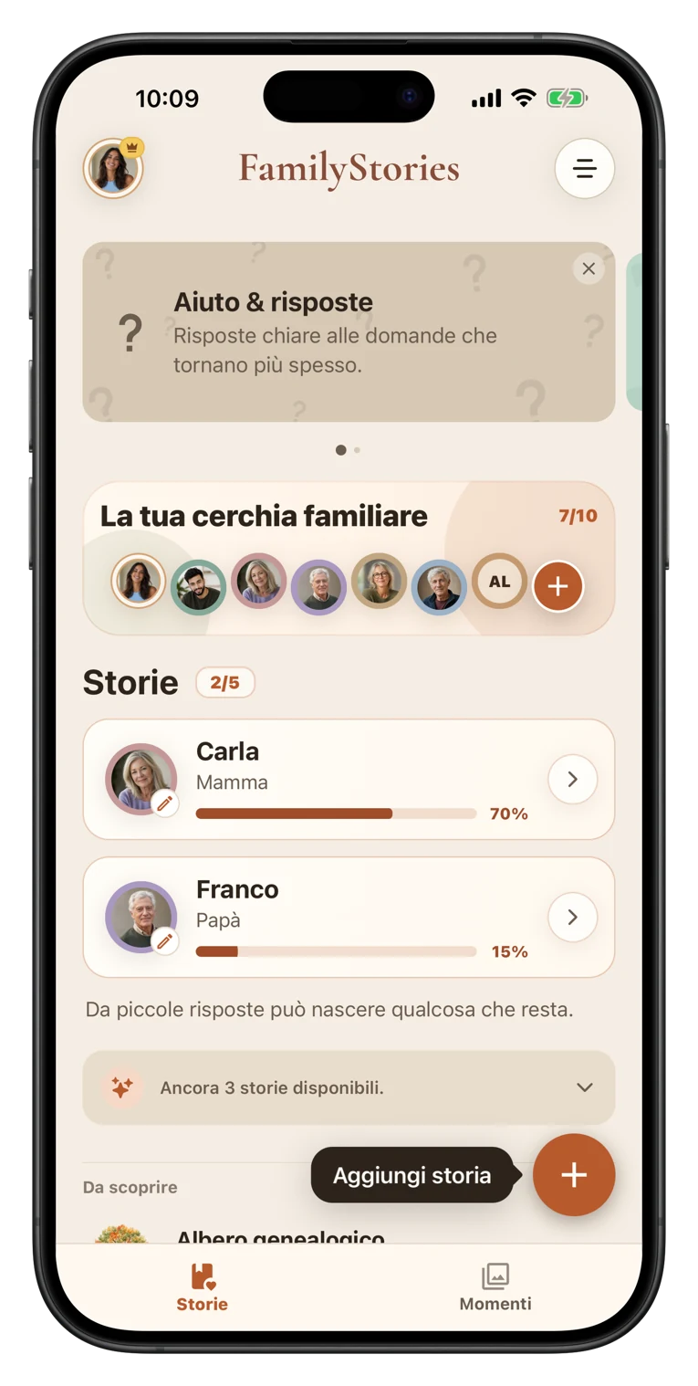 Schermata dell'app con una domanda di vita e spunti di memoria