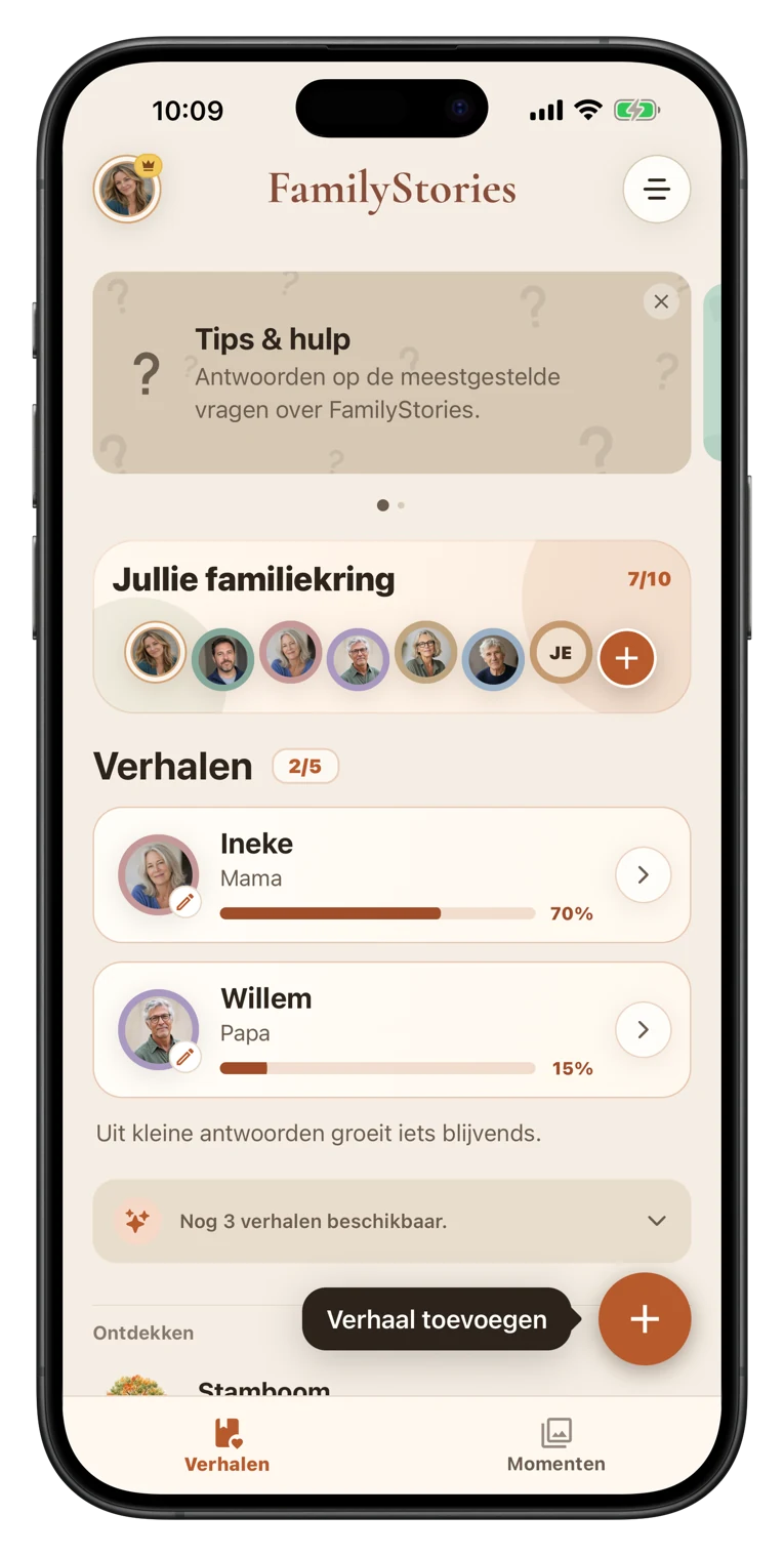 App-scherm met een levensvraag en geheugensteuntjes