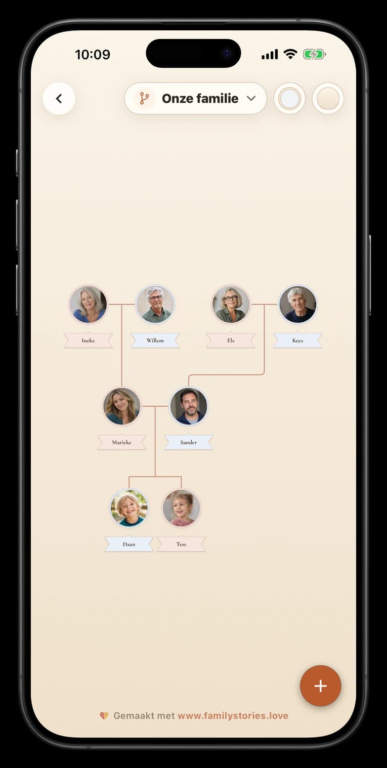 App-scherm met een klaar familiverhaal om te exporteren