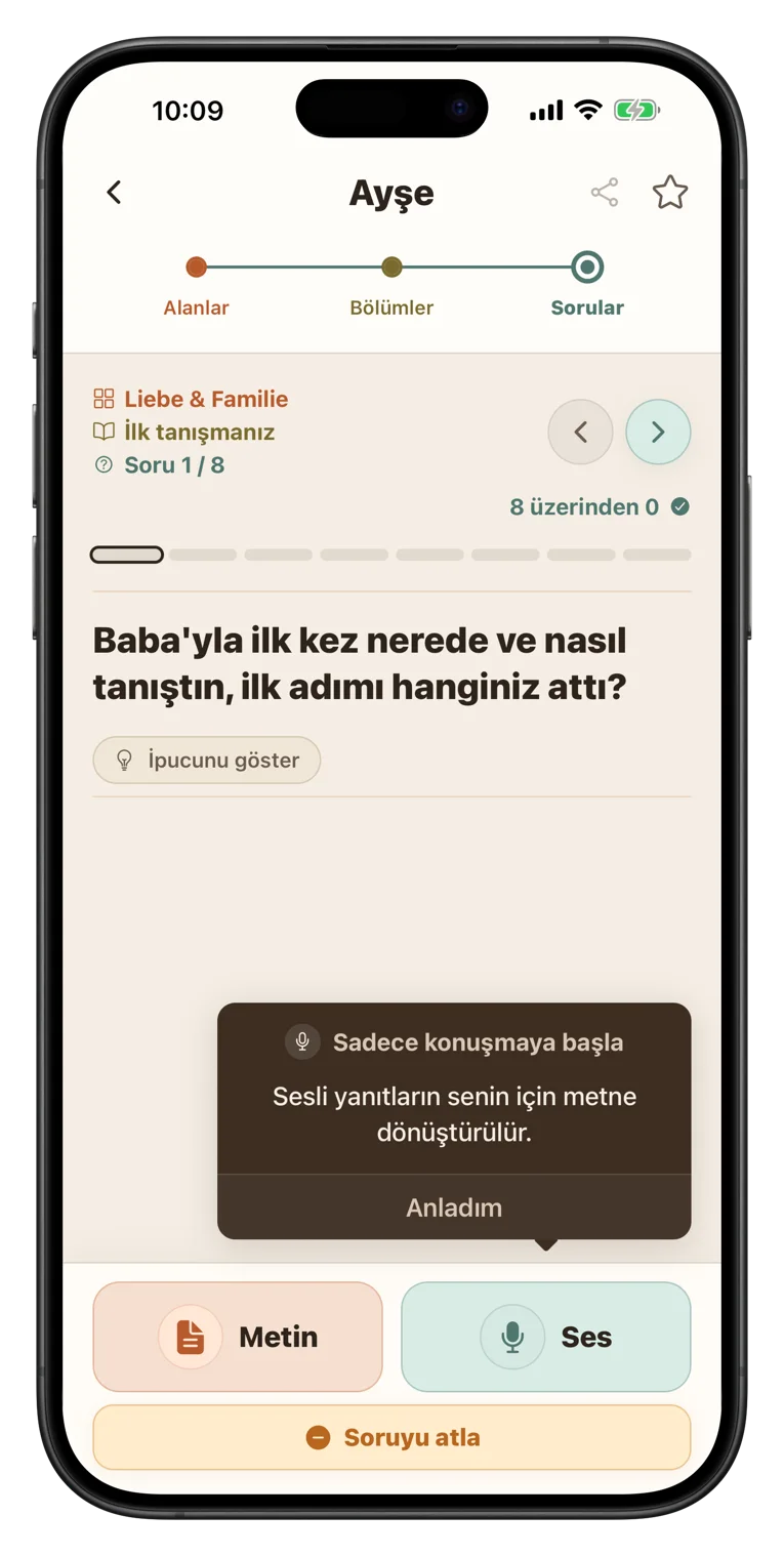 Metin veya sesle yanıt verilen uygulama ekranı