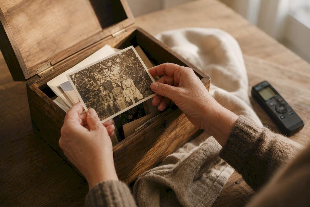 Mani ripongono con cura una vecchia fotografia di famiglia in una scatola di legno