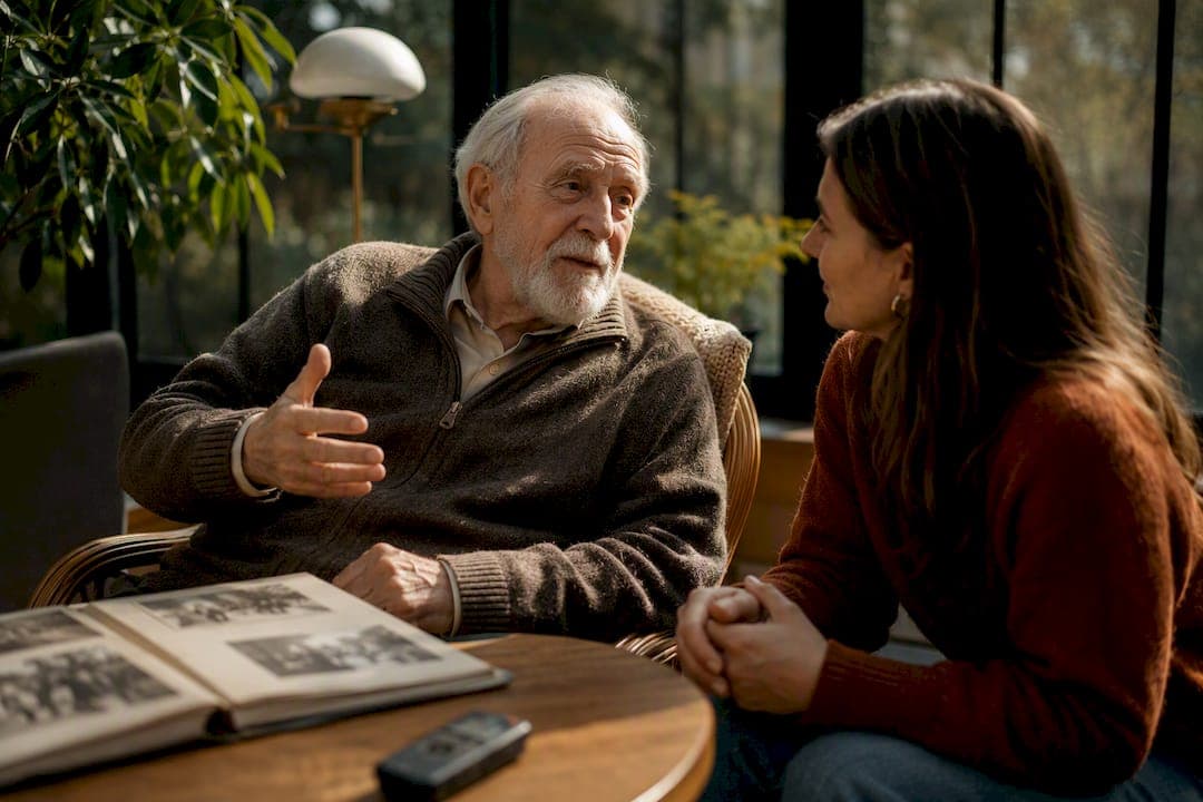A grandfather shares childhood memories with his granddaughter