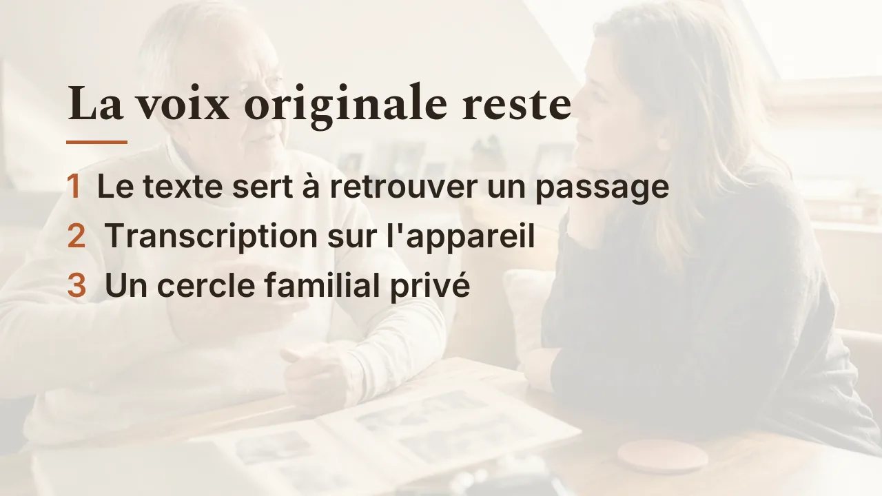 Trois points pour que la voix originale reste : transcription comme index, transcription sur l'appareil, cercle privé