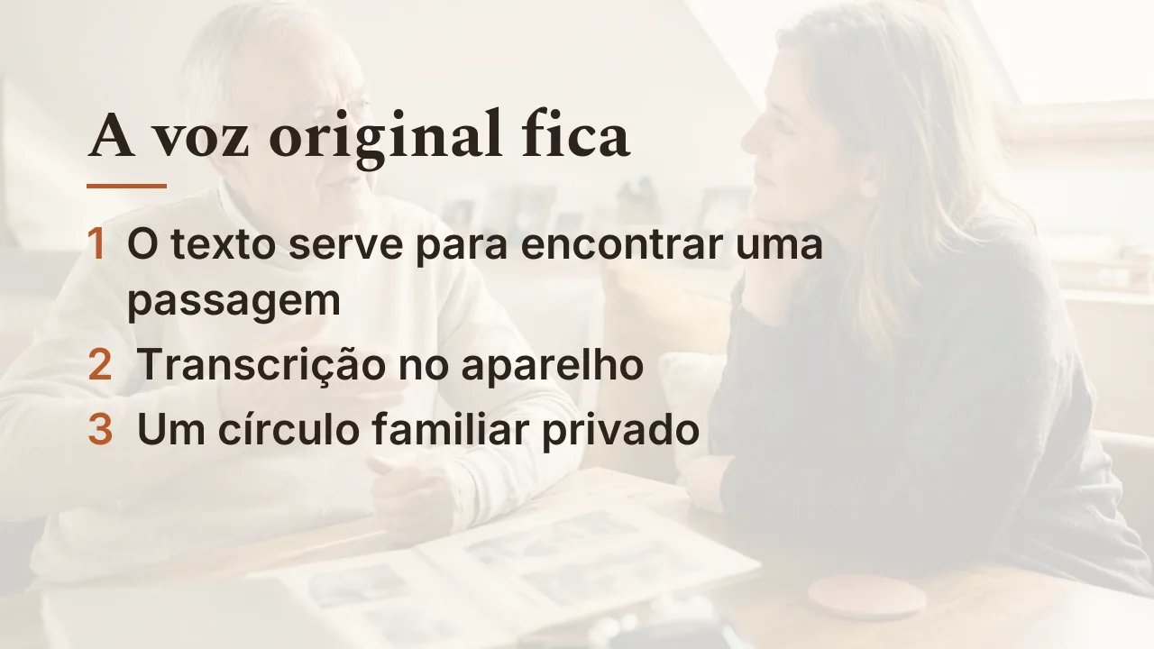 Três pontos para a voz original ficar: transcrição como índice, no aparelho, círculo privado