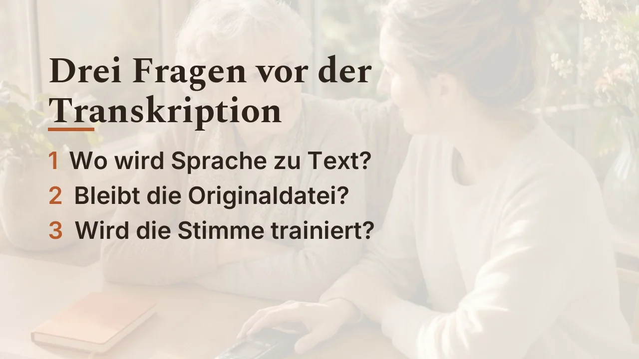 Drei Fragen vor der Transkription: wo Sprache zu Text wird, ob die Originaldatei bleibt, ob die Stimme trainiert wird
