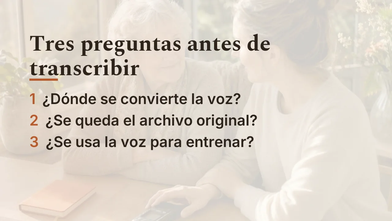 Tres preguntas antes de transcribir: dónde se convierte la voz, si el archivo original se queda, si se usa la voz para entrenar
