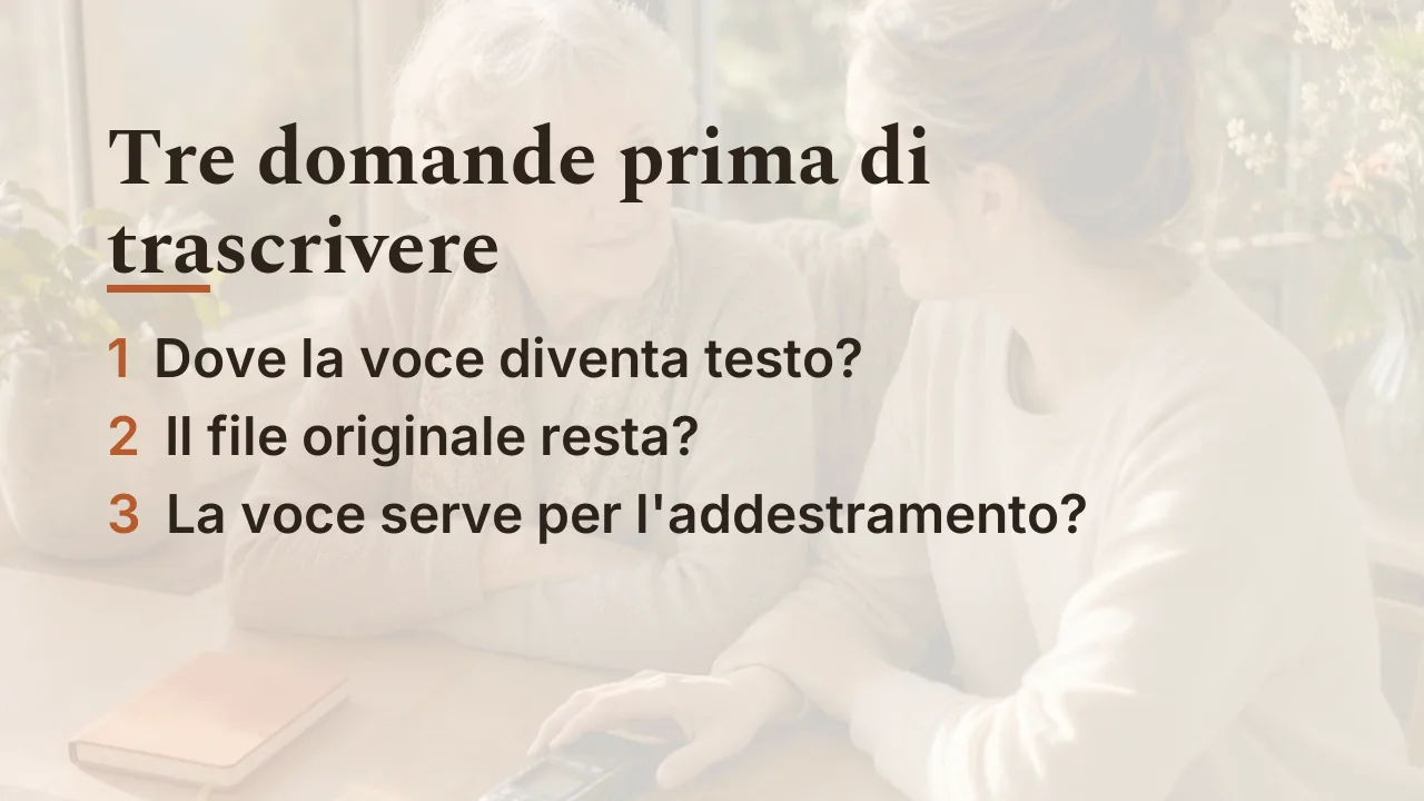 Tre domande prima di trascrivere: dove la voce diventa testo, se il file originale resta, se la voce serve per l'addestramento