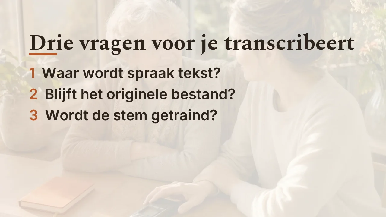 Drie vragen voor je transcribeert: waar spraak tekst wordt, of het originele bestand blijft, of de stem wordt getraind